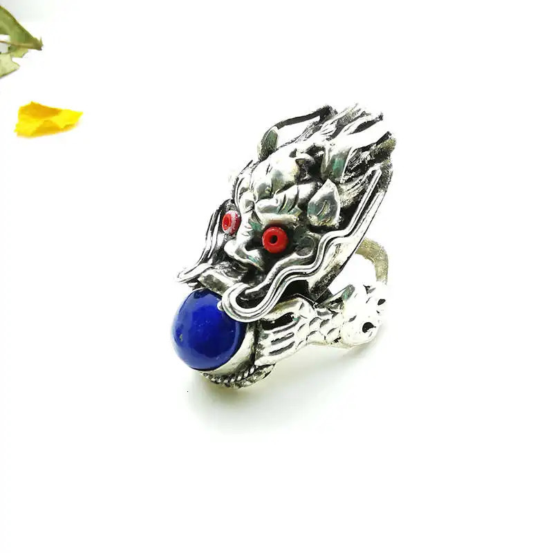 Tibet Amulet Rings for Man Copper inlaid Various Beads Big Dragon Head Ring R024240412