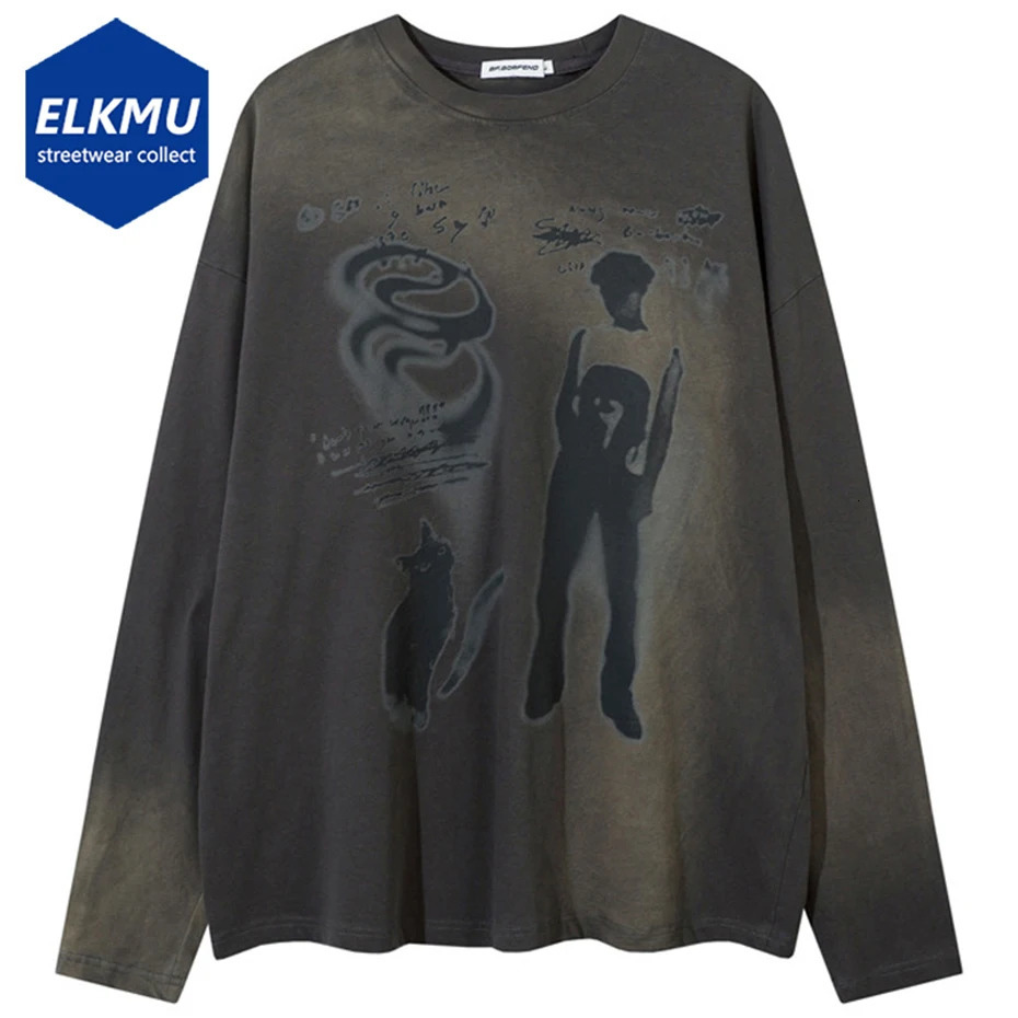 Mens retro long sleeved T-shirt cartoon pattern hip-hop oversized T-shirt unisex casual loose T-shirt top street Y2K T-shirt 241112