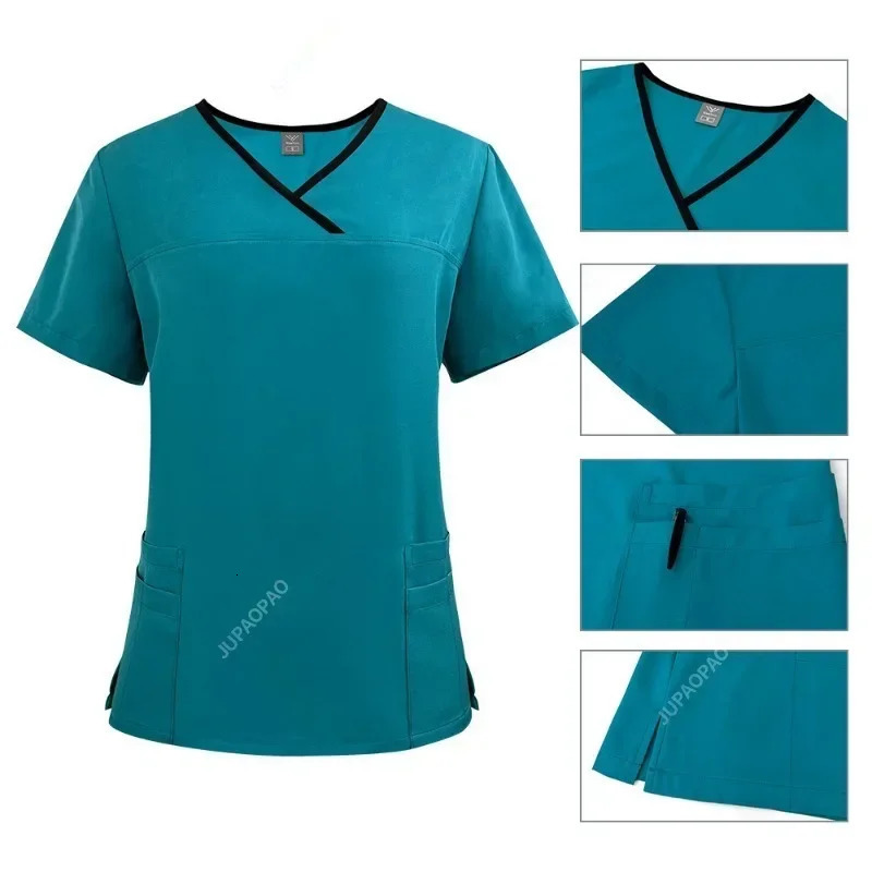 Uniform Trendy Womens Scrub Set Stretch Soft Y-Neck Top Pants Hospital Pet Clinic Doctor Costume Contrasting Colors 241112