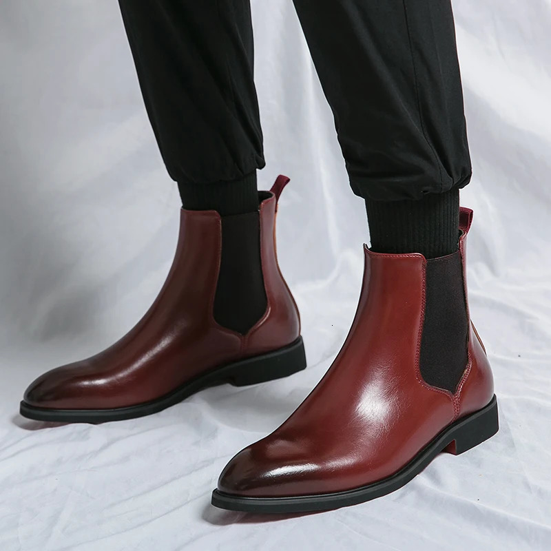 Mens Leather Boots Pointed Mens Chelsea Boot Red Mens Banquet Dress Boots Mens High-end Business Shoes 241112