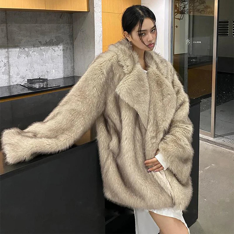 Artificial fox fur coat womens winter warm cardigan Lambswool medium long lapel loose plush coat oversized teddy jacket 241112