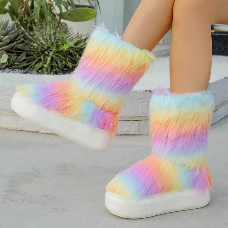 Rainbow Fur Ankle Women Snow Boots Platform Shoes Winter 2025 Warm Flats Chelsea Boots Short Plush Fashion Women Shoes 241112