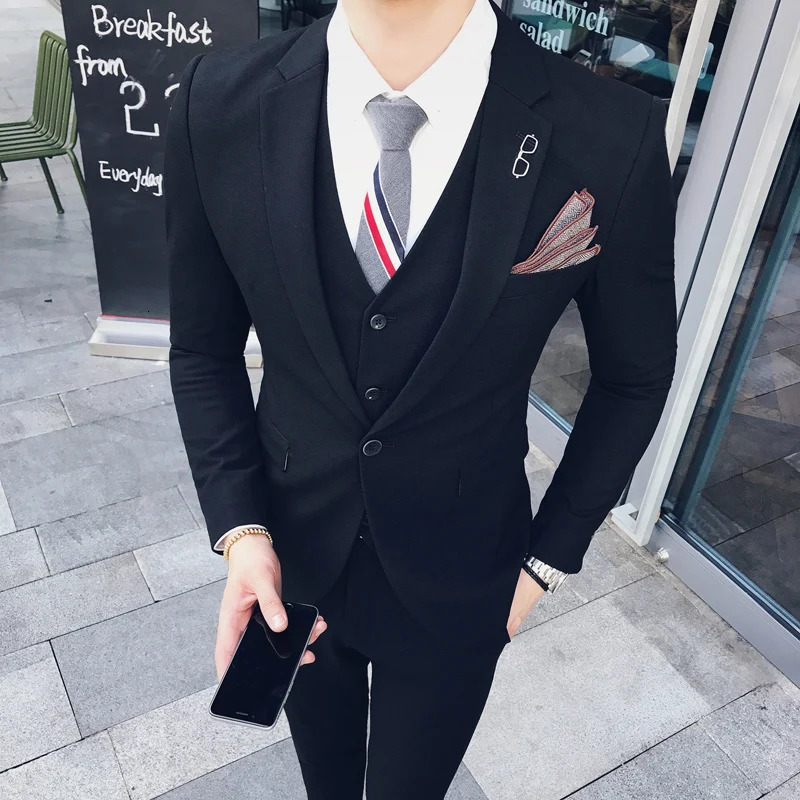 Men Boutique Three Piece Suit Set Jacket Pants Vest Male Business One Button Blazers Coat Waistcoat Trousers Large Size M6XL 240412