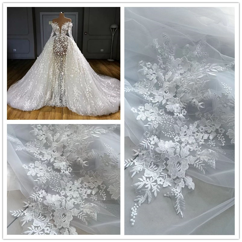 Arabic Pearls Mermaid Wedding Dresses Illusion Scoop Neck Bridal Gowns With Detachable Train Long Sleeve Lace Appliqued Robe De Mariee Plus Size