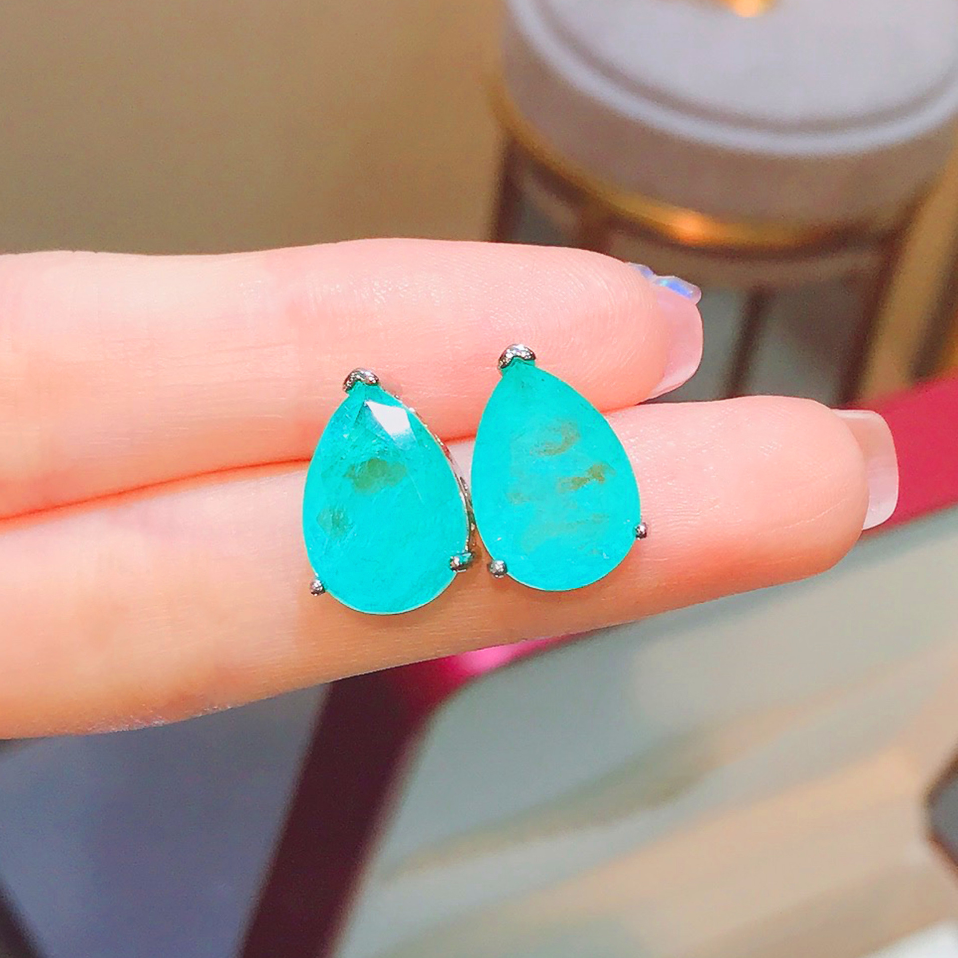Sier Water-drop Shape Paraiba Tourmaline Gemstone Earrings Necklace Set for Women Temperament Ladies Trendy Vintage Jewelry 02d0c