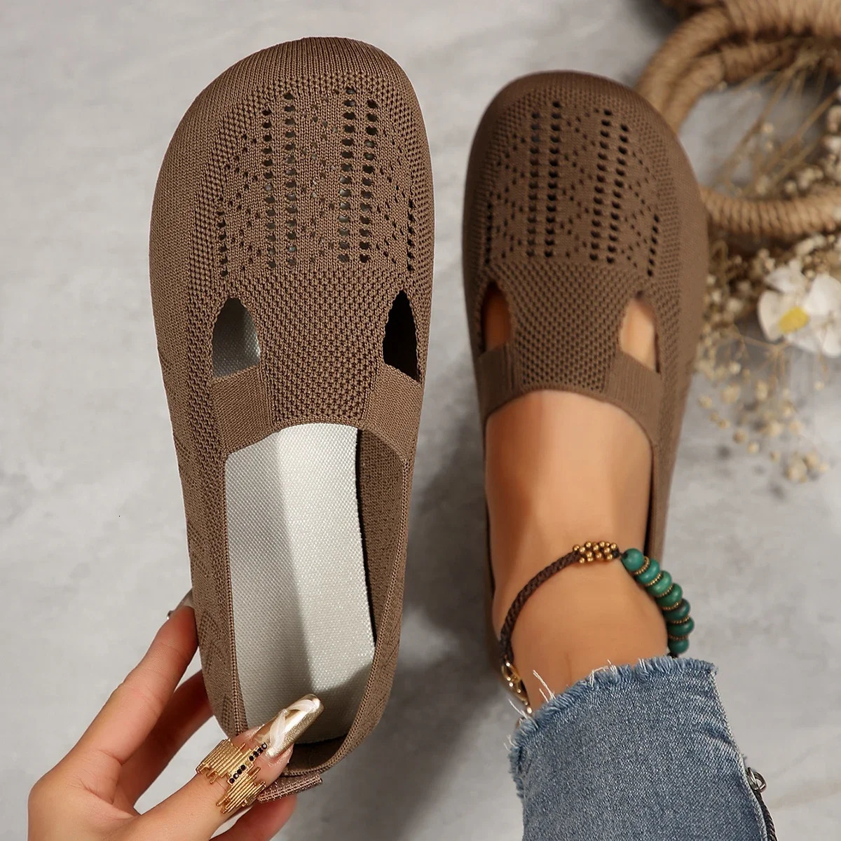 Womens flat shoes summer casual breathable mesh Loafers square toe hollow sports shoes womens knitted shoes 241111