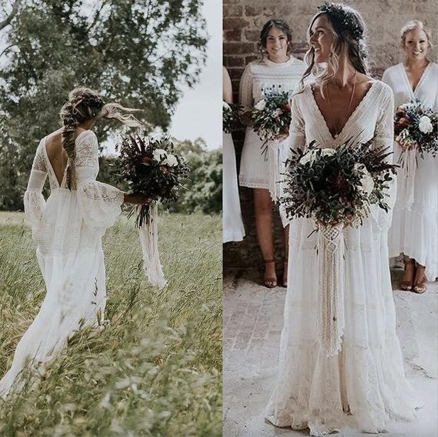 rustic Bohemian Wedding Dresses Hippies V Neck Long Sleeve Lace low back Beach Boho Garden Country Bridal Gowns robe de mariee Plus Size