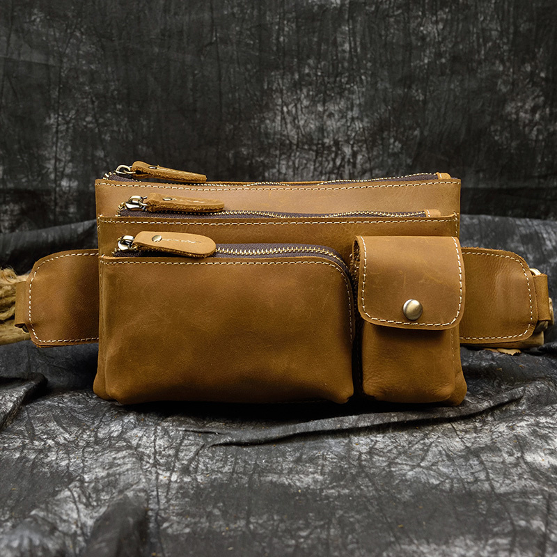 Crazy Horse Men Waist Bag Real Leather Chest Outdoor Casual Full Grain Porable Gym s Messenger Brown 2d8a2