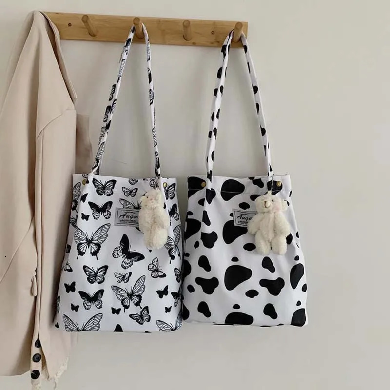 Casual handbag butterfly leopard zebra ox printed shoulder bag womens handbag womens cute canvas bag shopping bag 241111