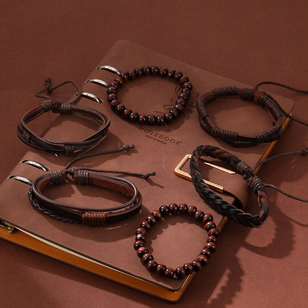 6PCS Set Men's Vintage Braided Cowhide Bracelet Multi-layer Leather Bracelet 08fe0 5 d8322