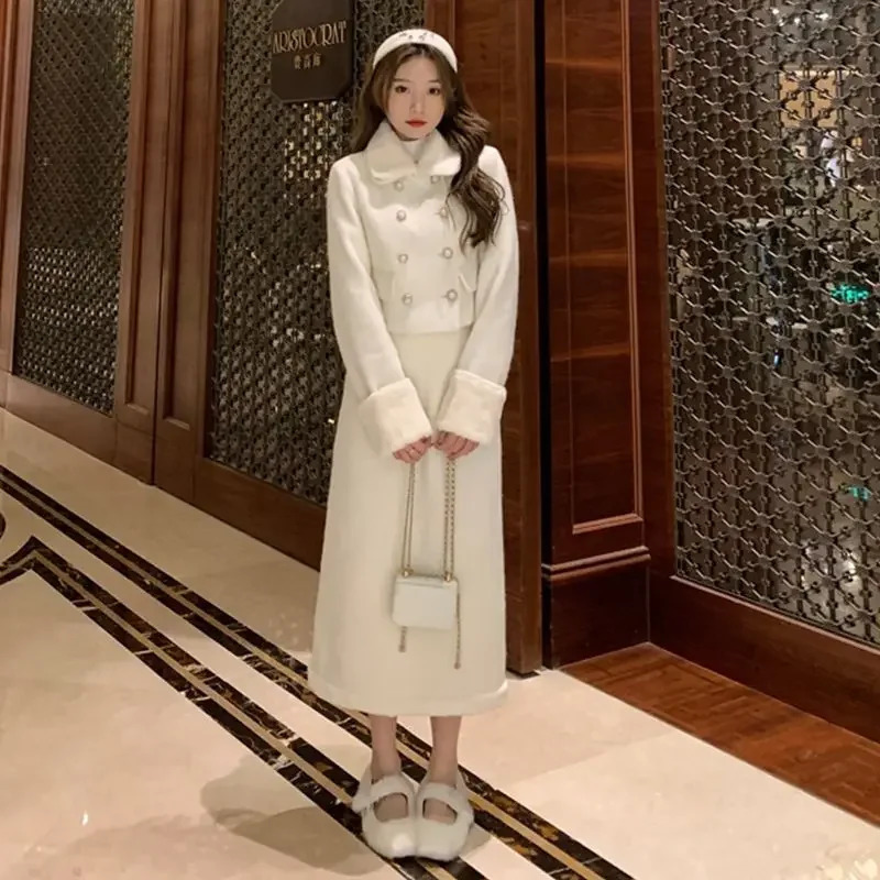 Xgoth womens two-piece no pilling cashmere coarse flower plush splicing long sleeved jacket elegant high waisted skirt 241112