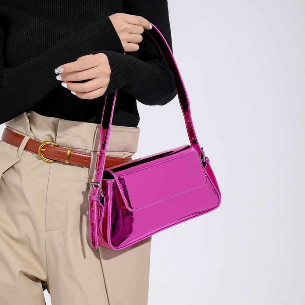 Y2K Underarm Bag Metallic Color Shoulder Bag PU Leather with Zipper & Buckle Women Commuter Daily Bag 0b15d