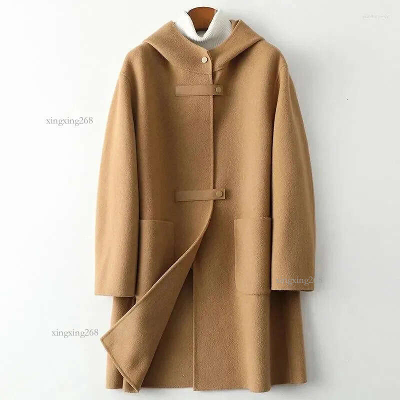 Women's Wool Double Side Cashmere Coat Women Autumn Winter Hooded Loose Long Woolen Camel Red Outerwear Clothing Female