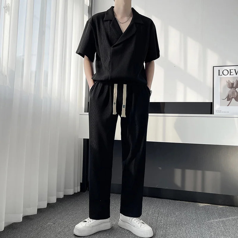 Summer Pleated Sets Men Fashion Casual Short Sleeved T shirtTrousers Two-piece Mens Korean Loose Ice Silk Sets Men 3-color 241111