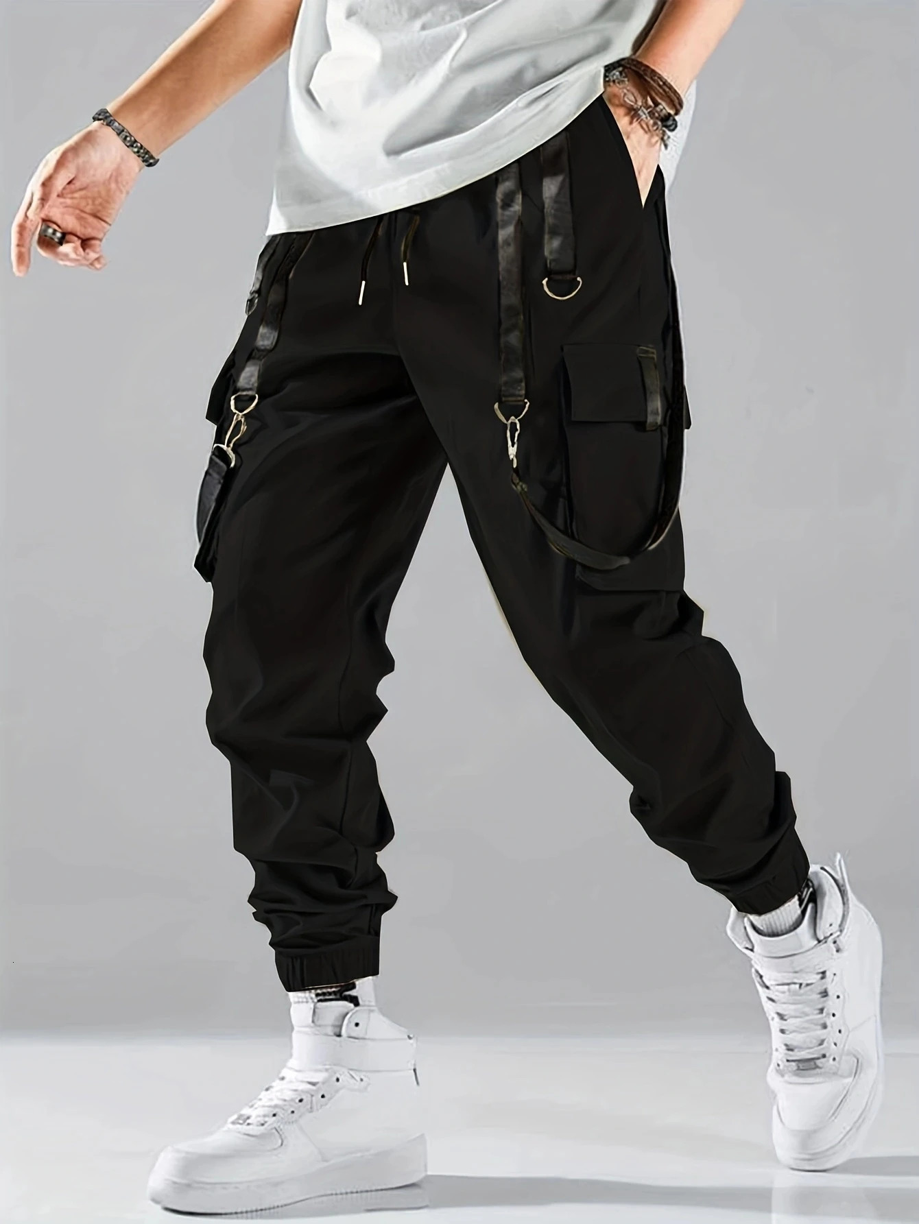Fashion Mens Casual Techwear Drawstring Multi Flap Pockets Cargo Pants Hip hop Joggers Pant 241112