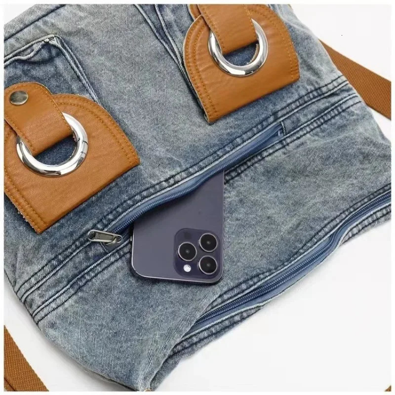 3-way denim blue womens backpack high-capacity shoulder bag fashionable and canvas cross body bag Bolsos Mujer 241111