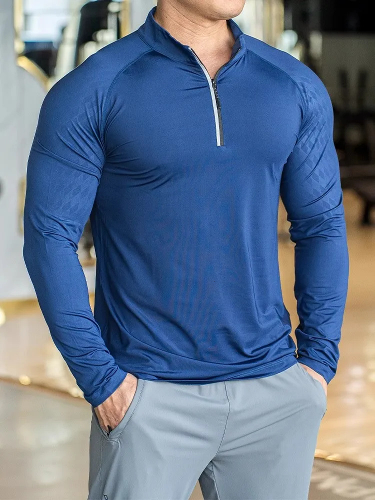 Autumn winter Running Gym Men Shirt long Sleeve Tees elastic fit Sports training Fitness Quick dry Zip collar Polo T Shirt 241112
