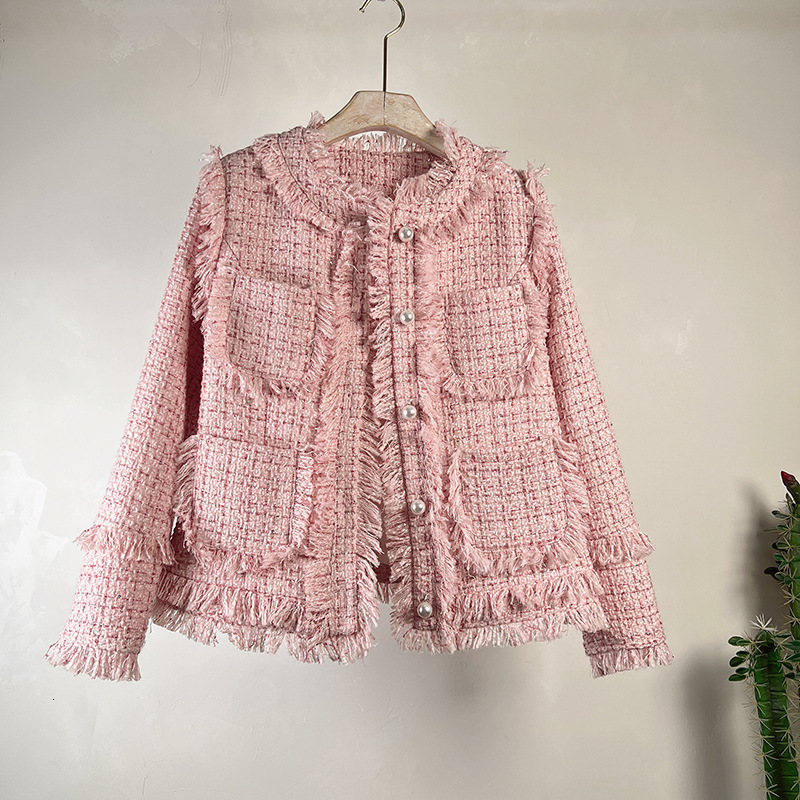 Womens 2024 Spring and Autumn French New Round Neck Thick Tweed Tassel Versatile Celebrity Little Fragrant Coat for Women 201017