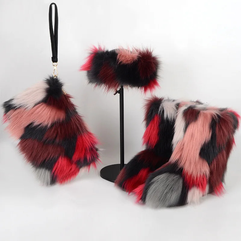 Women Winter High-end Fur Snow Boots Non-slip Womens Shoes Fashion Color Warm Plus Velvet Cotton Boots Warm Headband Handbag 241112