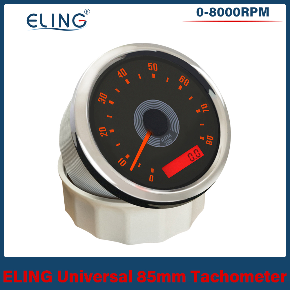 Waterproof 85mm Tachometer 0-8000RPM with LED Hourmeter Adjustable Red Yellow Backlight for Boat Car Motorcycle 12V 24V