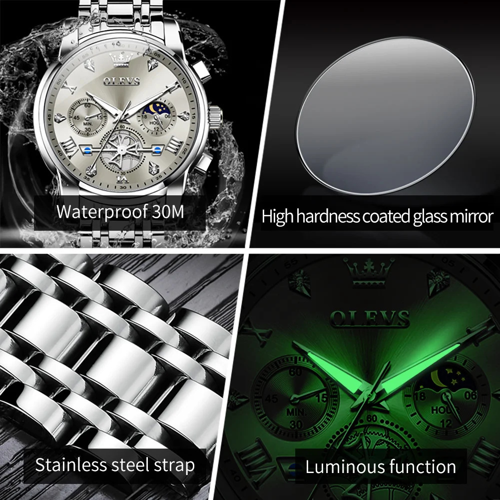OLEVS mens classic multifunctional Fltwheel chronograph original quartz watch moon phase 24-hour waterproof reloj 241112