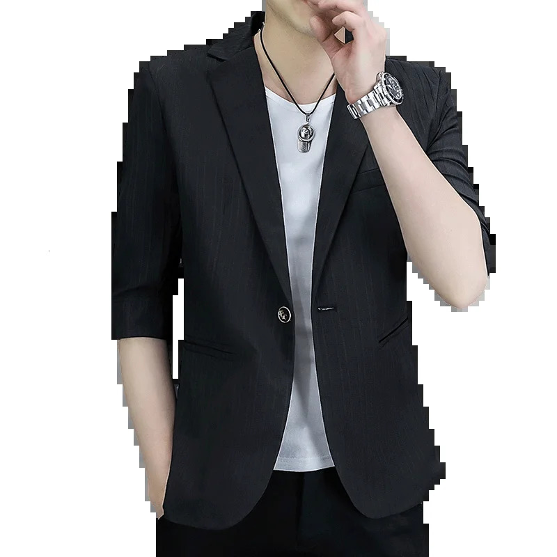 Summer Mens Solid Color Thin Coats Korean Single Button Slim Fit Suits Blazers Casual Outwear Mid Sleeve Small Top Jackets 240412