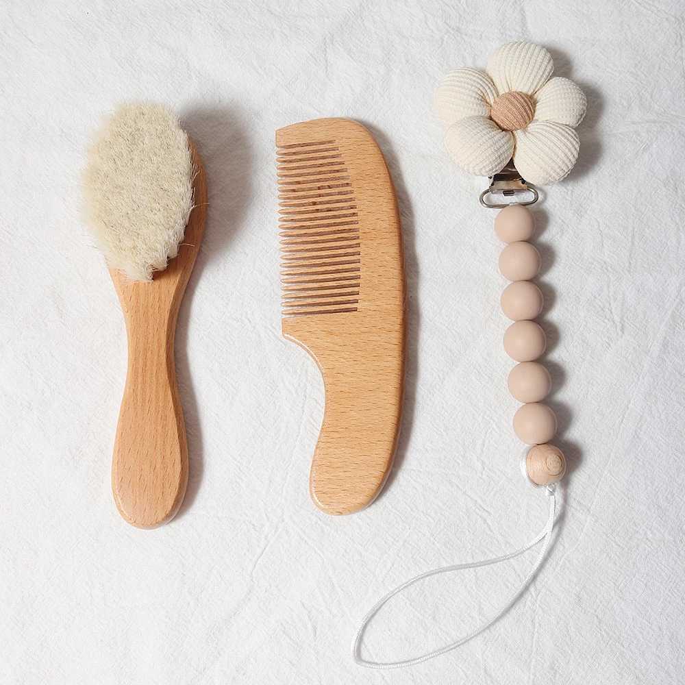 Baby comb set newborn gift set natural wool beech wood comb baby bib pacifier clip baby hair brush W241112