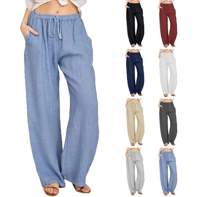 Women Cotton Linen Pants Summer and Autumn Solid High Waist WideLeg Trousers Female Loose Hemp Casual Breathable Sports 241108