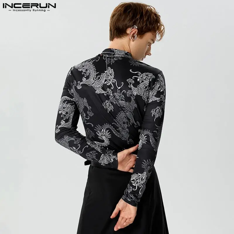 Mens Retro Printed Turtle Neck Long Sleeve Casual Camisetas Street Fitness Autumn Underwear S-5XL INCERUN 241112
