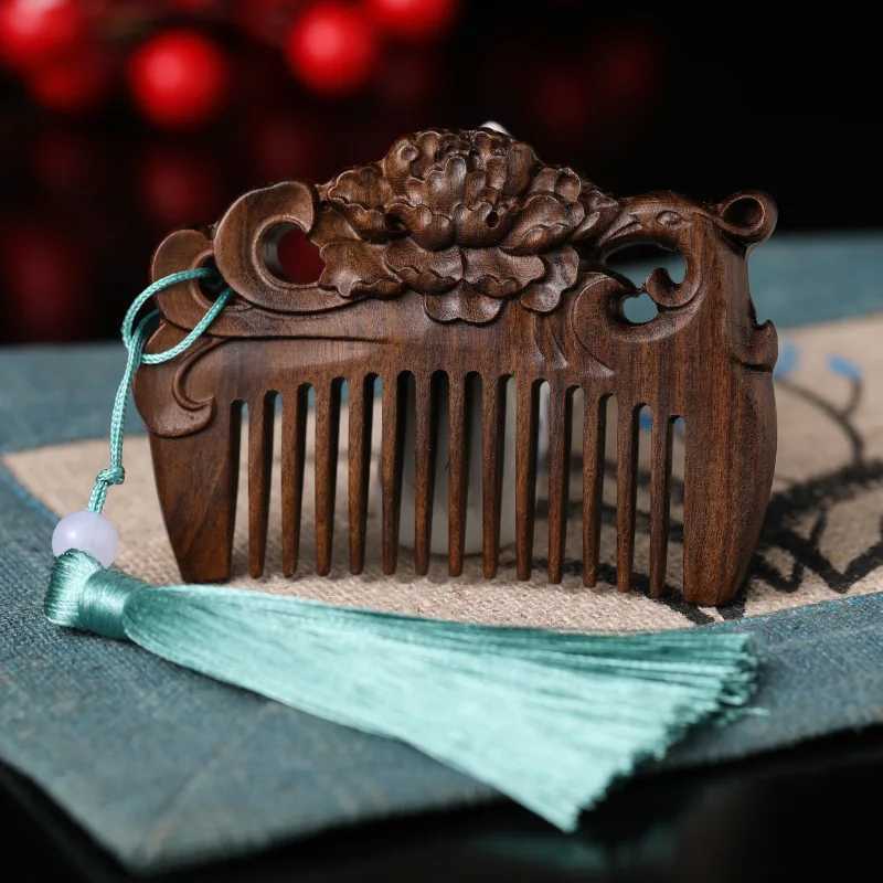 Charcoal flower bird comb natural peach wood small comb anti-static head massage hair comb easy to carry for travel W241112