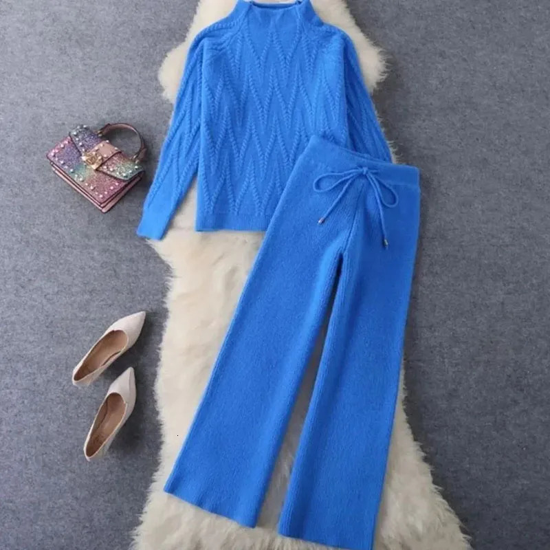 Fall Spring Knit 2 Piece Sets Half Turtleneck Sweater Tops Outfit Knitted Wide Leg Pants Trajes Knitwears Pullovers Tracksuits 241111