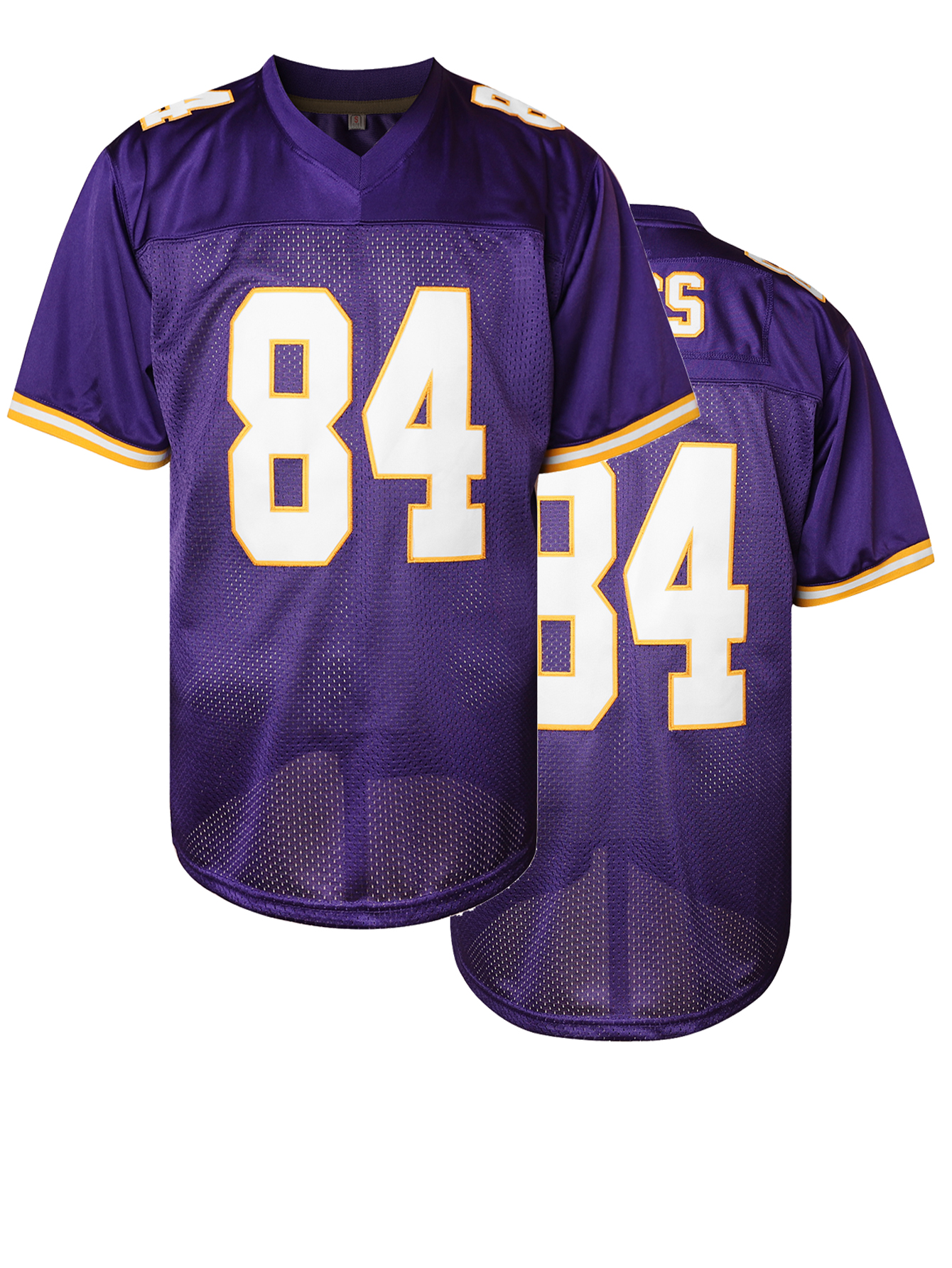#84 Moss Comfy V-Neck Football Jersey Purple Mesh Embroidery for Training and Competition Breathable Moisture-Wicking American Football Shirt