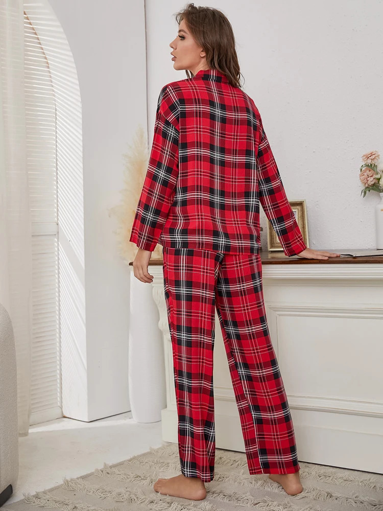 Red checkered womens sleepwear 2-piece sleepwear top and pants autumn and winter sleepwear HomeWear clothing front button with chest pocket 241112