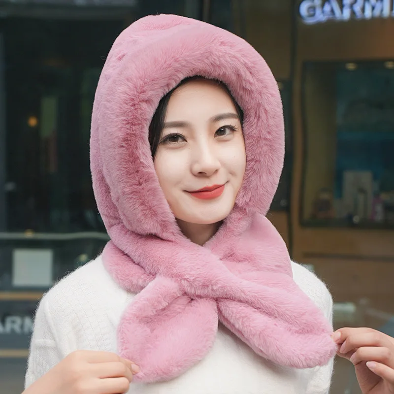 Women Winter Hood Beanies Thick Plush Scarf Hat Set Outdoor Ski Windproof Warm Headgear Solid Fluffy Fur Female Earmuffs Cap