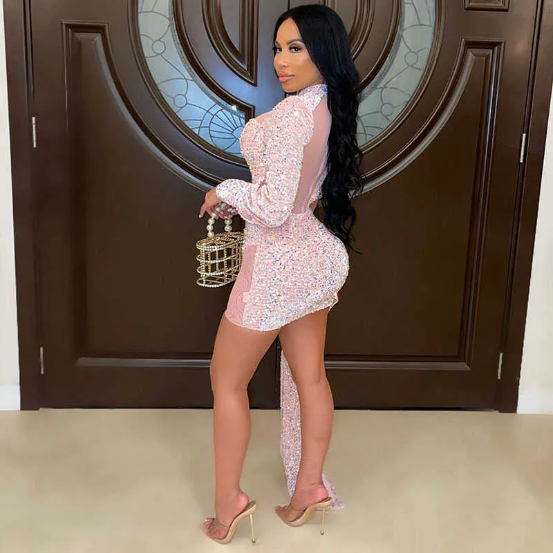 Casual ANJAMANOR Pink Sequin Sparkle Evening Dresses for Women Party Nightclub Outfits Sexy Irregular Bodycon Dress