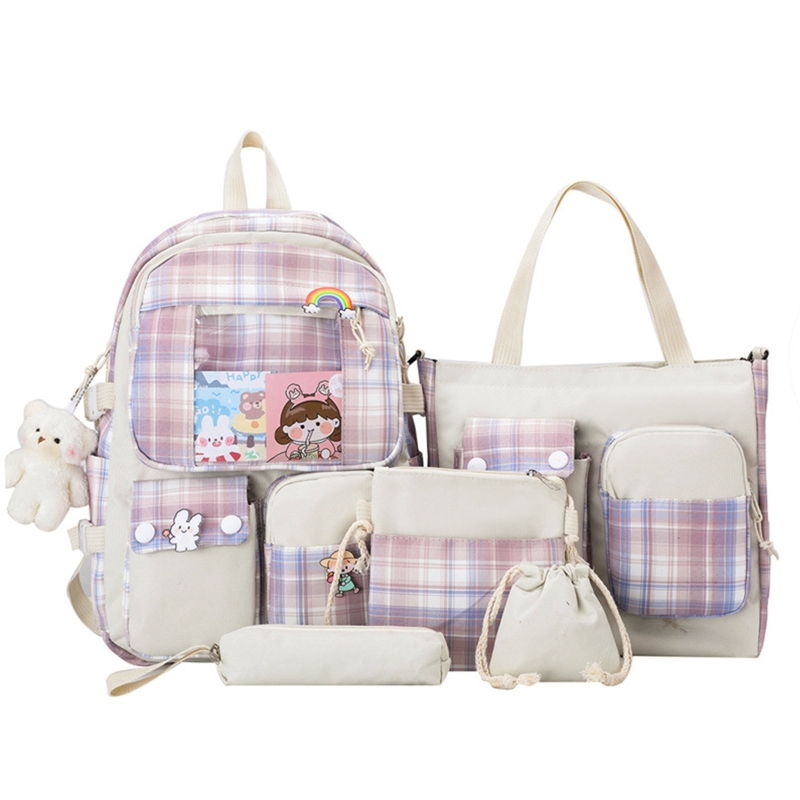 5pcs Plaid Backpack School Student Bookbags Casual Daypack Handbag Shoulder Drawstring Bag Pencil for Case Set for Girls Women e8dd8