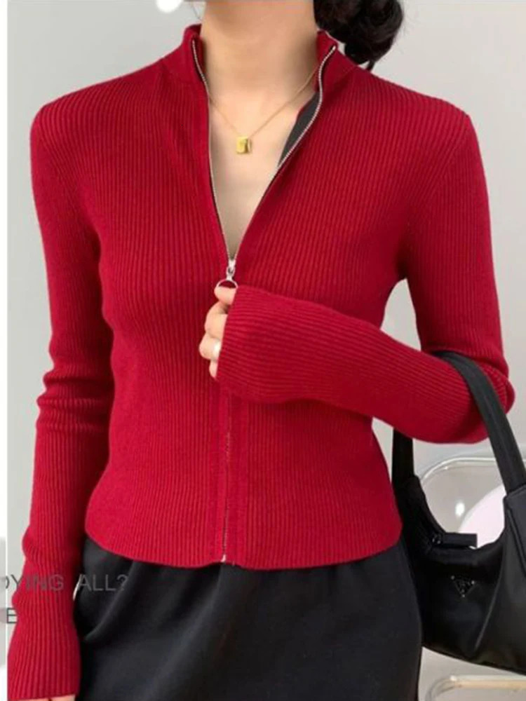 Spring Autumn Zipper Cardigan Women Sweaters Knitted Long Sleeve Standup Collar Tops Korean Fashion Short Sweater for Female 241111