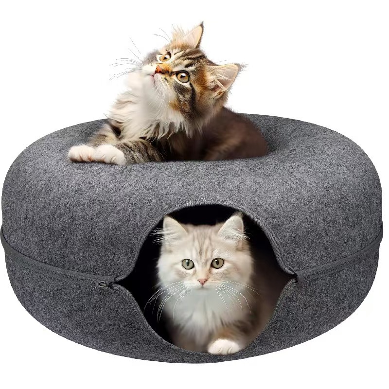 Pet Cave Donut Bed for Cats & Small Dogs - Round Wool Nest with Toys, Made of Natural Felt