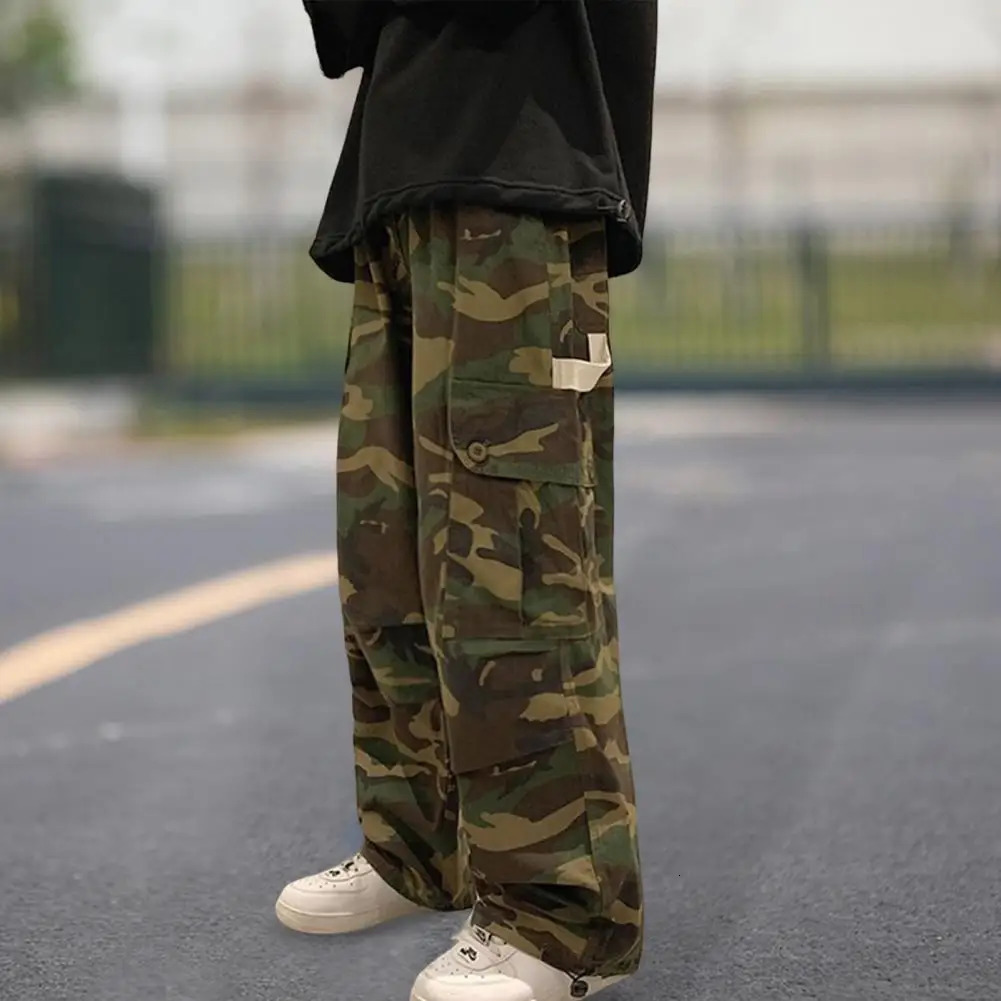 Straight Men Wide Leg Pants Camouflage Jogging Trousers Drawstring Elastic Waist Wide Male Casual Pants Vintage Cargo Pants 241112