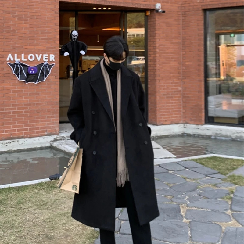 Winter mens black thick wool trench coat Korean high-quality mens casual trench coat mens street mounted windbreaker 241112