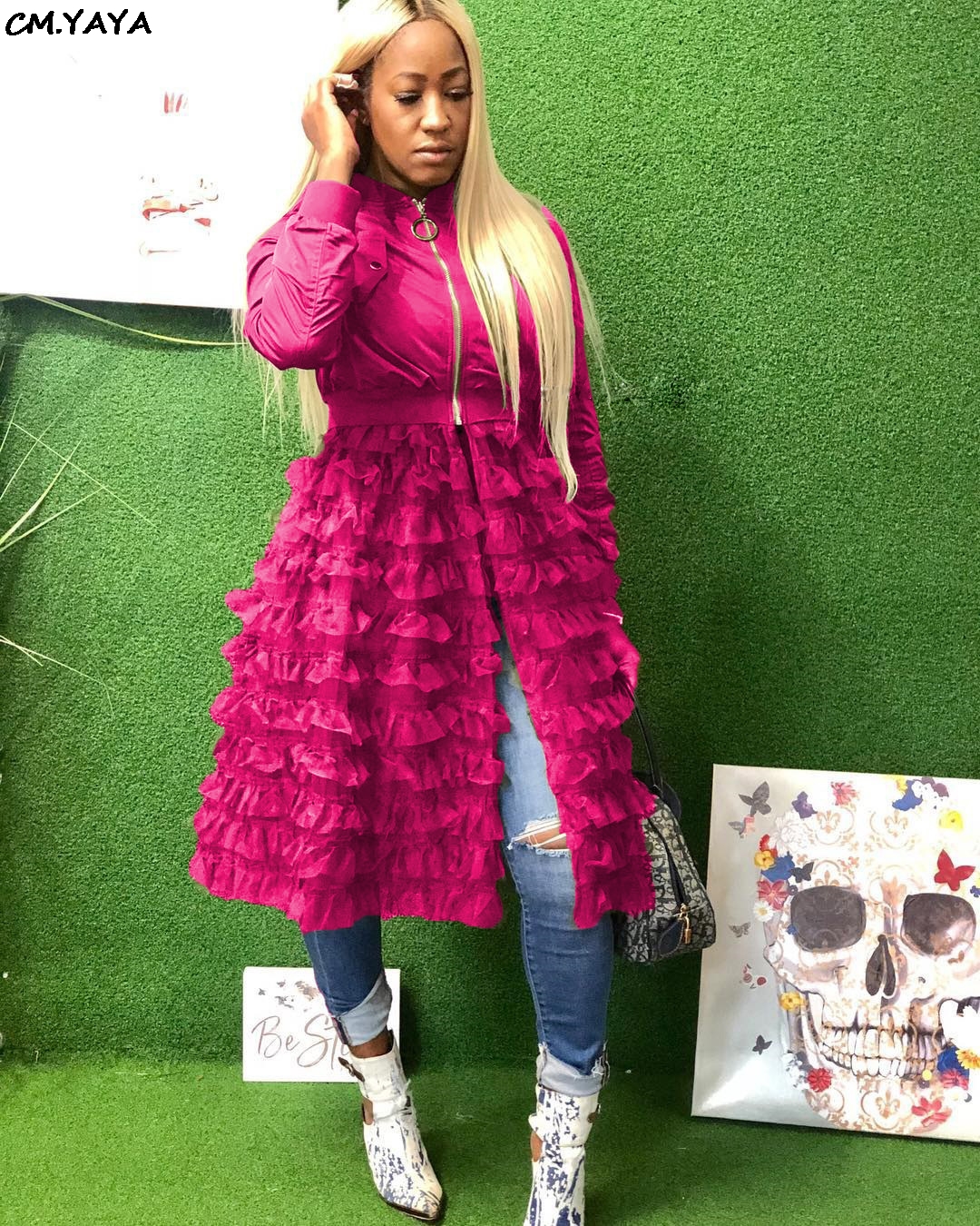 Women Winter Sleeve Cascading Ruffles Lace Patchwork Zipper Open Big Swing Long Trench High Street Coat Night 5072 S-3Xl