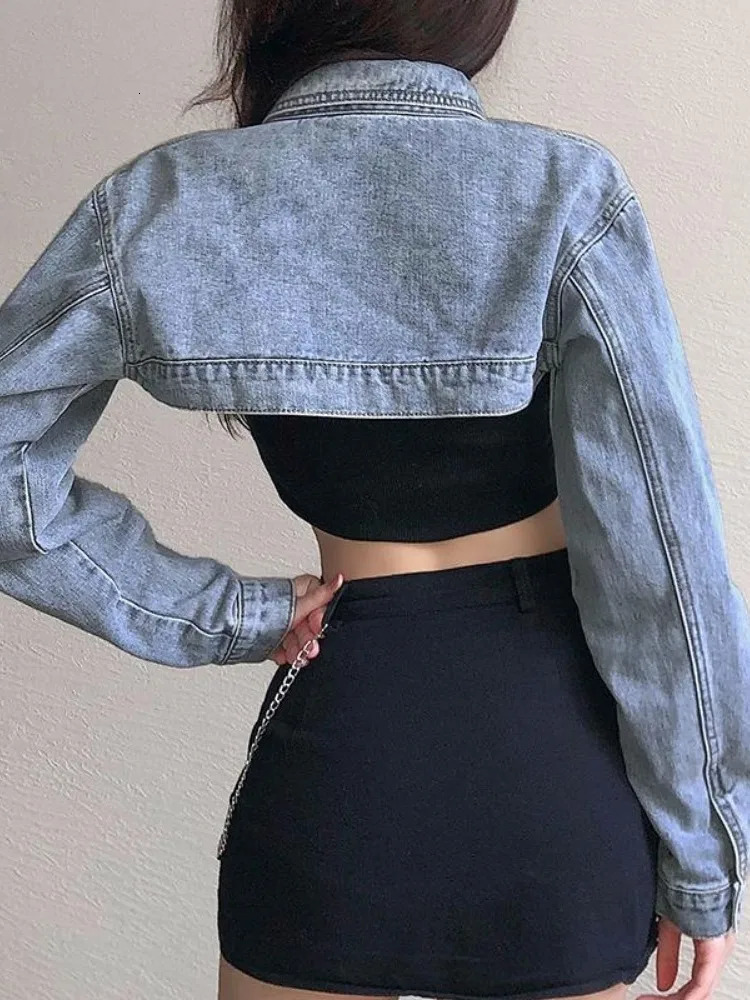 Deeptown vintage long sleeved crop denim jacket womens fashion jeans bomber jacket cardigan spring casual jacket 241112