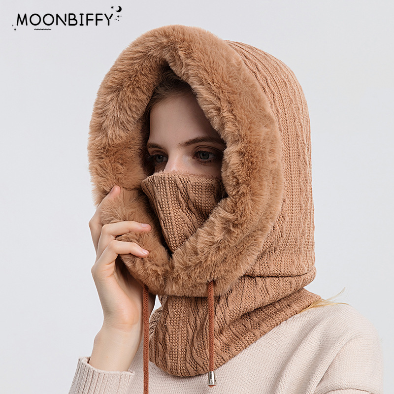 Women Slouchy Fleece Beanie Cashmere Fur Cap Hats Scarf Mask Drawstring Warm Hooded Winter Balaclava Pullover Knitted Hat