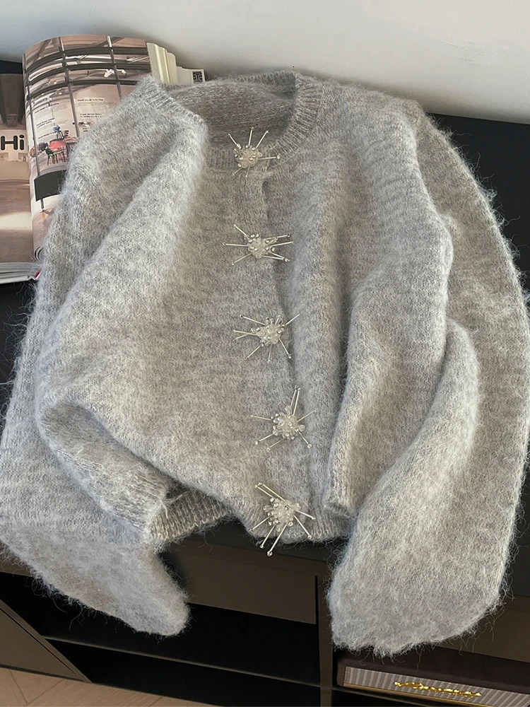 Autumn Winter Woman Korean Vintage Mori Mohair Cardigan Sweater Mori Jumper Solid Color Long Sleeve Knitwears 2000s 241112