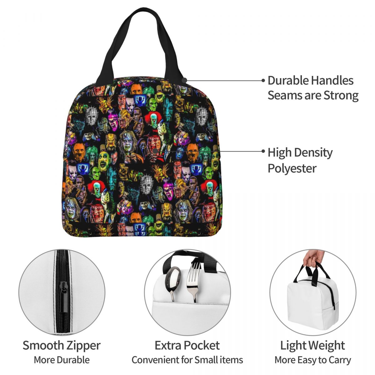 Horror Film Baddies Legends Insulated Lunch Bags Hellraiser Pinhead Meal Container Thermal Bag Lunch Box Tote Outdoor Food Bag