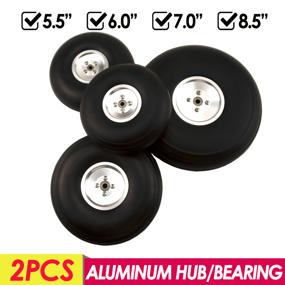 2PCS PU Wheels With Aluminum Alloy Hub Core Tire Steel Rim Bearing Hole 5.5 6Inch/ 7 / 8.5 for RC Fixed-wing Airplanes Model