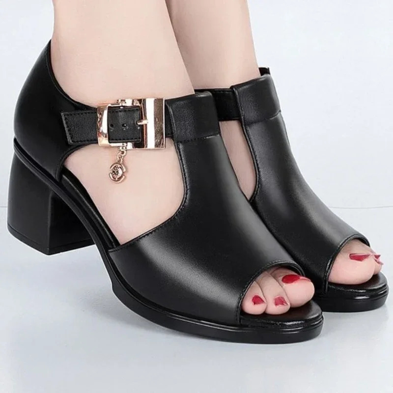 Sandals Women 2024 Summer Fish Mouth Fashion Buckle Solid High Heels Outdoor Comfort Walking Shoes Female Sandalias De Mujer 241112