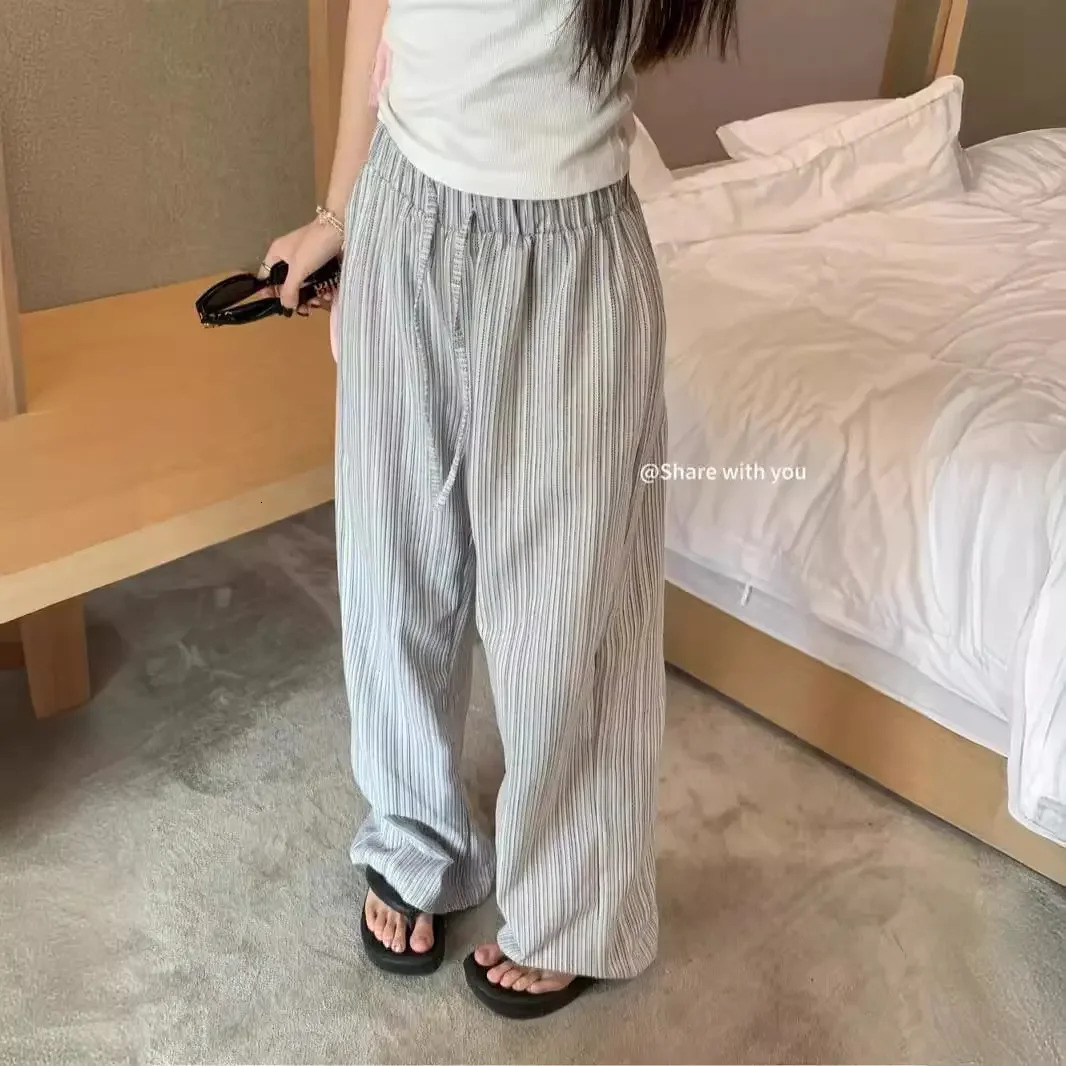 Simple Idle Sle Retro Thin Blue Stripes Casual Pants Women Summer Drawstring Elastic Waist Loose Straight Pants 241112