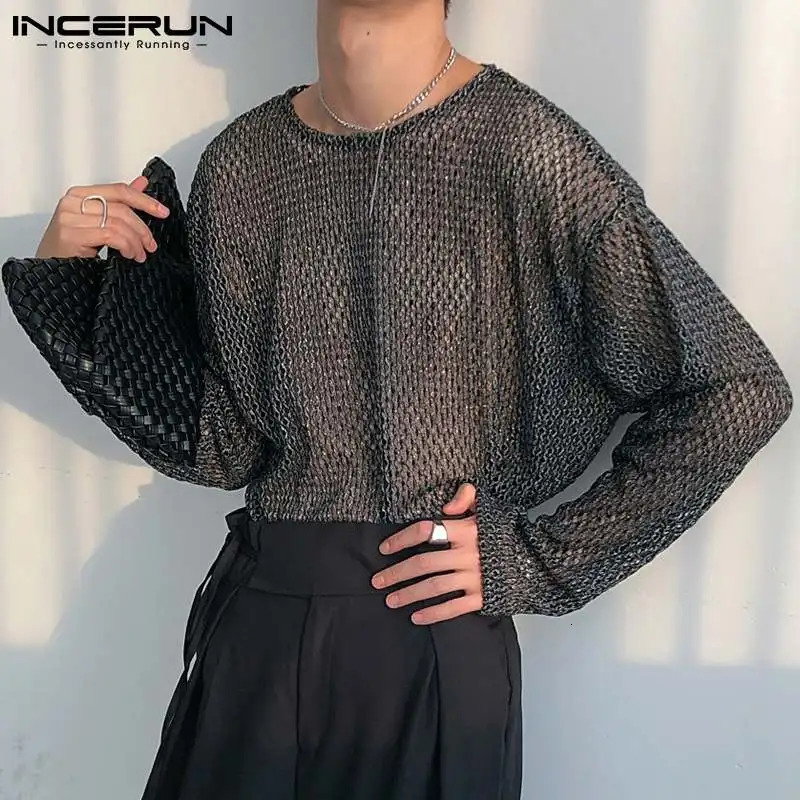 mens T-shirt O-neck mesh See Through long sleeved sexy streetwear casual Camisetas party nightclub T-shirt top mens S-5XL INCERUN 241112