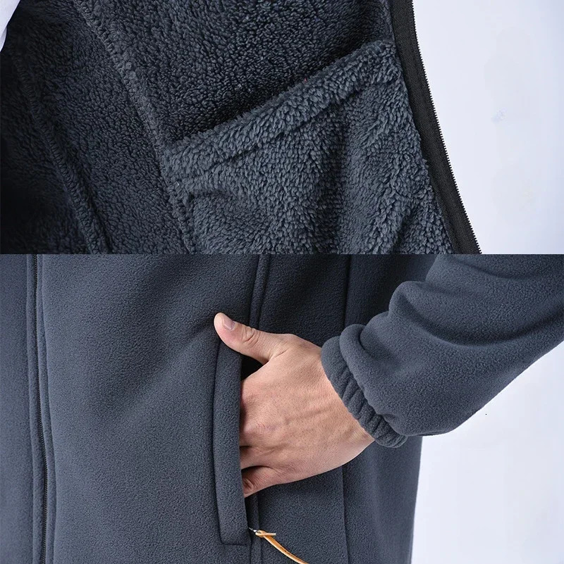 Winter Thicken Polar Fleece Jacket Warmth Windproof Full Zip Up Coat Multiple Zipper Pockets Outdoors Plus Size Jackets Outwear 241111